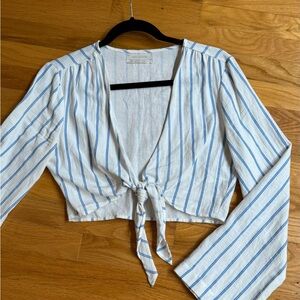 Urban Outfitters Blue and White Cropped Tie-Front Blouse